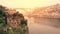 Abandoned buildings church and river. Porto old town ribeira promenade view