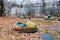 Abandoned bumper cars in amusement park of Pripyat city in Chernobyl Exclusion Zone, Ukraine