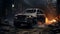 Abandoned Burnt Suv In Dystopian Realism: A Cinematic Close-up