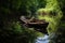 abandoned canoe sinking in a pond