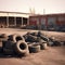 Abandoned car tires on the ground in a junkyard