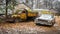 Abandoned car and trucks rusting in yard