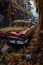 abandoned car wreck in a junkyard, covered in foliage