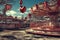 abandoned carnival fairground adorned with Valentine\\\'s Day decorations