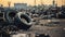 Abandoned cars and tires in polluted junkyard