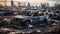 Abandoned cars and tires in polluted junkyard