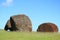 Abandoned Carved Moai Statues` Headdresses Called Pukao at Puna Pau Volcano, the Red Scoria Quarry on Easter Island