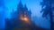 An abandoned castle, surrounded by fog and lit only by the light of the month, conveys the eerie and mysterious atmosphere of