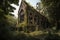 an abandoned church, with its cracked windows and broken windowsills, surrounded by overgrown foliage