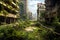 Abandoned city, city overgrown with greenery, end of civilization, ghost town.