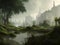 Abandoned city flooded and overgrown with trees and plants, apocalyptic fantasy concept art.