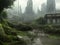 Abandoned city flooded and overgrown with trees and plants, apocalyptic fantasy concept art.