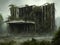 Abandoned concrete brutalist building overgrown with trees and plants, apocalyptic fantasy concept art