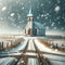 Abandoned Countryside Church Snowing Building Retro Old Weathered Steeple Exterior AI Generated
