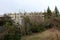 Abandoned creepy looking tall old trees without leaves mixed with pine trees in front of Cold War era hotel building