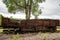 Abandoned, decaying old train railroad boxcar in the ghost town