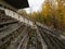 Abandoned decaying tribune of sport stadium Avangard, taken by nature in Pripyat ghost town in Chernobyl Exclusion Zone. Ukraine