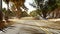 Abandoned desert highway. In the middle of the road are rusty abandoned cars, and on the roadside pile of rusty and