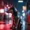 An abandoned dog in the rain illuminated by a red neon sign. A generative AI photograph realistic illustration of a wet canine.