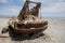 Abandoned dredge equipment sits on the beach, covered in salt and debris at the Salton Sea