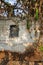 Abandoned exotic white stone bricks wall with single rusted iron window and tropical withered plants