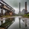abandoned factory industrial ruins in the rain