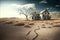 Abandoned farm house and dead tree amidst arid landscape. Climate change concept, generative AI illustration