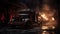 Abandoned Fire Truck In Burned Warehouse: Dark Cinematic Scene