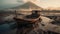 The abandoned fishing boat reflects the tranquil sunset over mountains generated by AI