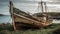 Abandoned fishing boat rests on tranquil coastline generated by AI