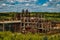 Abandoned forgotten ruined chemical plant overgrown by plants and trees, aerial view