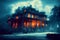 Abandoned ghost house scary night spectacular 3D illustration digital painting