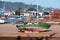 Abandoned green boat on Hendaye beach France