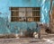 Abandoned grunge turquoise wall with closed window covered with rusty protective iron bars