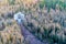 An abandoned hotel in a mountain place in Yakutia stands in a forest on a hill among coniferous trees of fir trees in the autumn