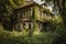 abandoned house, with broken windows and overgrown garden, in the countryside