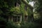 abandoned house with broken windows and overgrown vines, surrounded by the beauty of nature