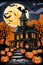 Abandoned house with flying bats and the scary pumpkins in a fluffy clouds night, printable, horor athmosphere