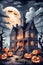 An abandoned house with moonlit, fluffy clouds, scary pumpkins at a night, cartoonish, printable