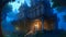 An abandoned mansion surrounded by a dark forest. Bats fly around the mansion and a gargoyle statue stands in front of the