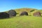 Abandoned Massive Carved Moai Statues\\\' Topknots Called Pukao Scattered on Puna Pau Volcano, Easter Island