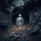 The abandoned mine`s dark rubble-filled passage with eerie atmosphere. Generative AI illustration