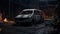 Abandoned Minivan In Burned Warehouse: Cinematic Close-up Dark Scene