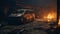 Abandoned Minivan In Burned Warehouse: Cinematic Close-up Dark Scene