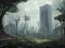 Abandoned modern city overgrown with forest trees, apocalyptic fantasy concept art.