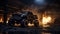 Abandoned Monster Truck In Cinematic Burned Warehouse Scene