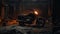 Abandoned Motorbike In Burned Warehouse: Cinematic Close-up Dark Scene