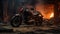 Abandoned Motorbike In Burned Warehouse: Dark Cinematic Close-up Scene