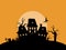 Abandoned mystical house in cemetery illustration. Spooky old palace silhouette with dry trees and gravestones.