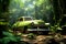 Abandoned old car in the tropical forest, cinematic